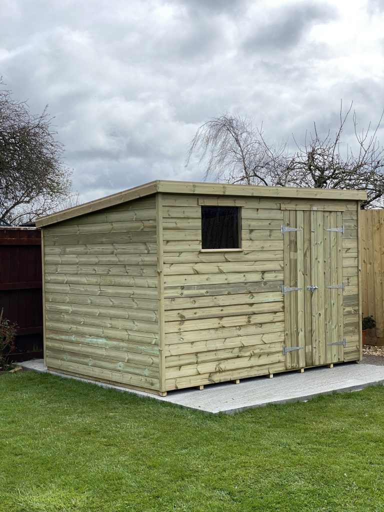 8x10 garden shed with double doors and a single window, pent roof