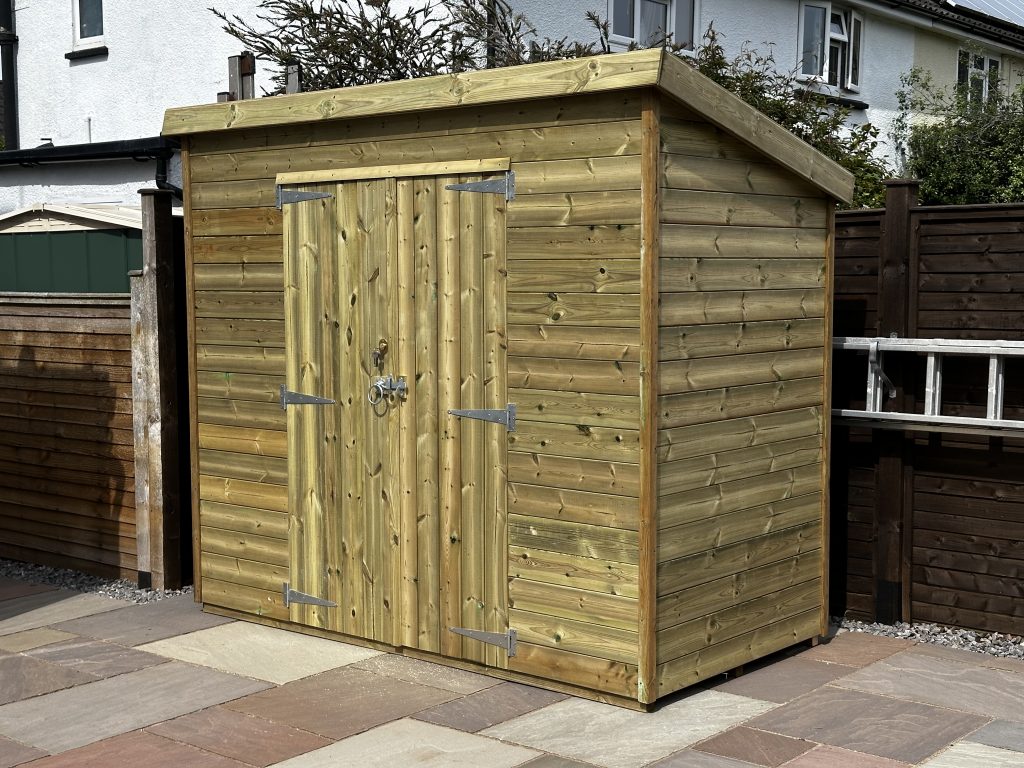 8x4 garden shed with pent roof and double doors on the front