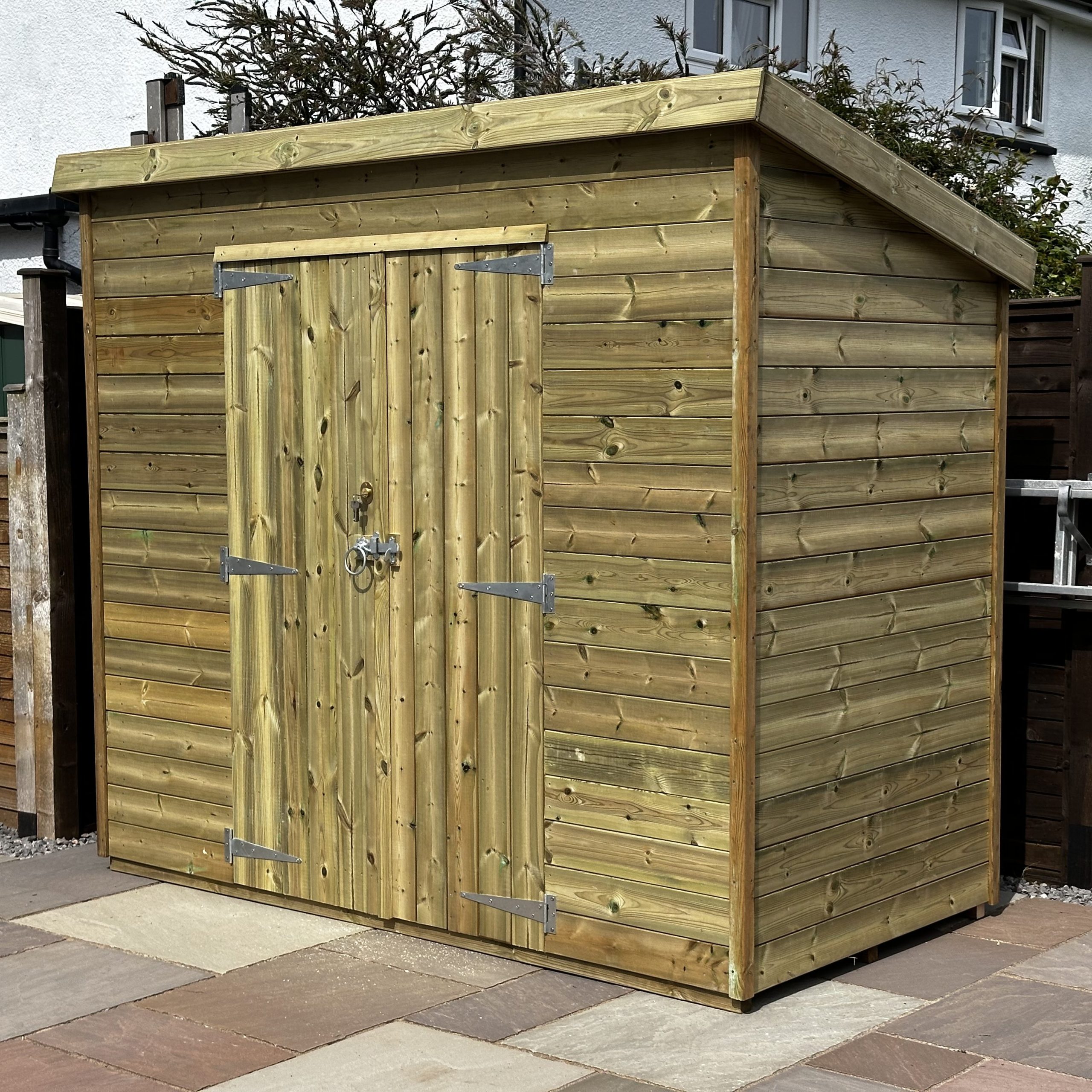 8x4 garden shed with pent roof and double doors on the front