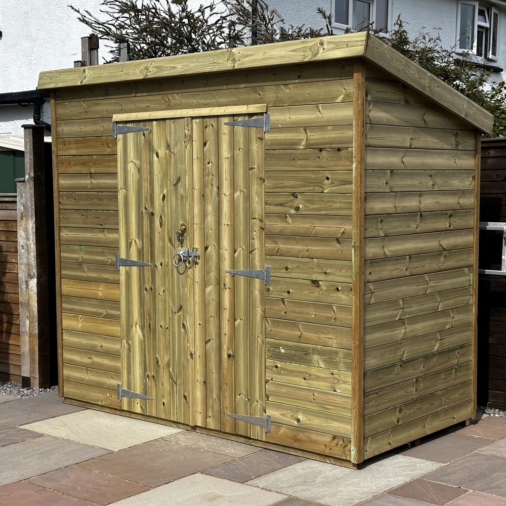 8x4 garden shed with pent roof and double doors on the front