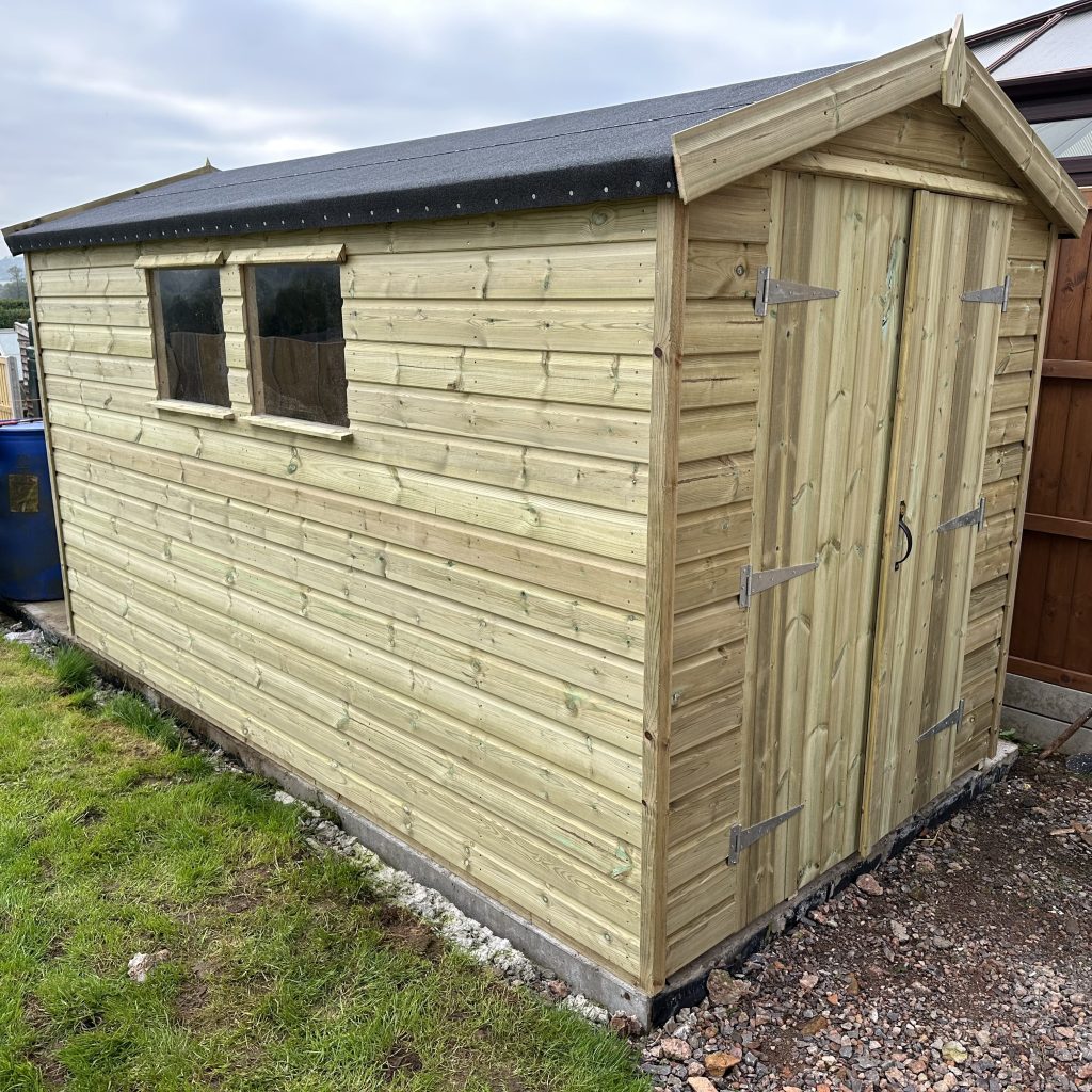 a 12x6 garden shed with two windows on the side and double doors, apex felted roof